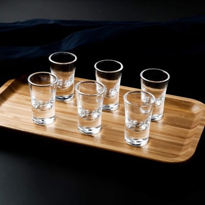 wooden tray with six 1oz shot glasses