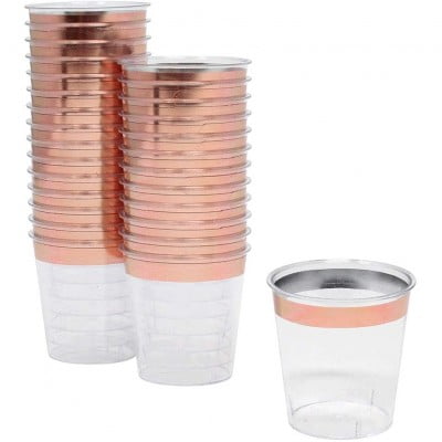 set of plastic shot glasses with gold rose rim