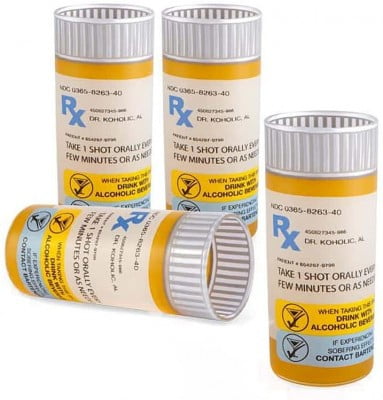 four shot glasses with funny prescription print